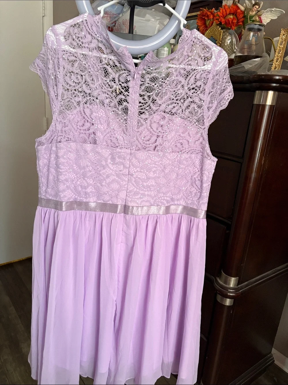 Lavender Lace & Chiffon Cap-Sleeve Formal Dress